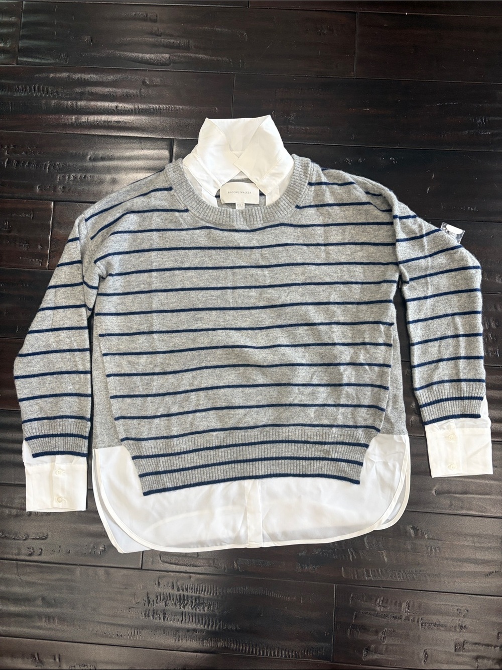 Brochu Walker Gray Crewneck Sweater with Navy Stripes